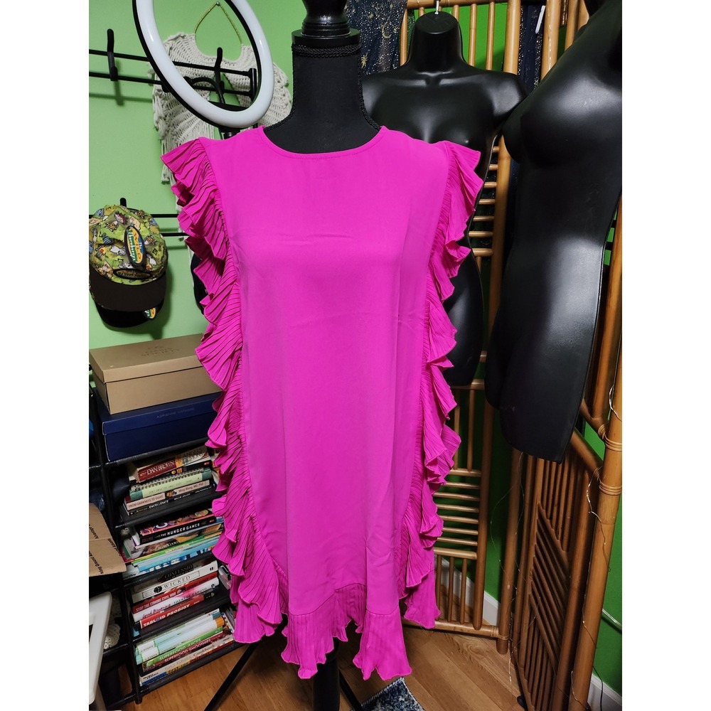 TCEC Fuchsia Pink Ruffle Trim Mini Dress Sleeveless Shift Party Cocktail Medium